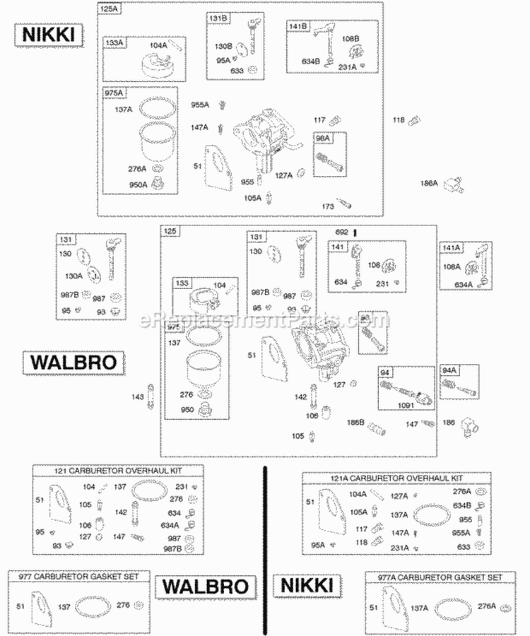 Walbro Nikki Carburetors Carburetor Gasket Sets Diagram and Parts List for 28D707-0123-01  Briggs and Stratton Engine